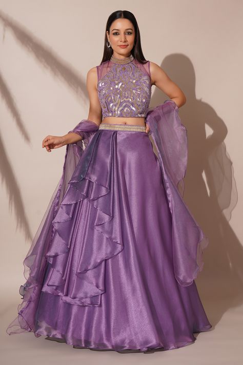 Buy Purple Organza Embroidery Nalki Round And Beads Blouse Lehenga Set For Women by Chaashni by Maansi and Ketan Online at Aza Fashions. Lehenga Pattern Design, New Pattern Lehenga Design, Stylish Blouse Design For Lehenga, Plain Organza Lehenga, Types Of Lehenga, Plain Lehenga, Sara Fashion, Cancan Lehenga, Reception Cocktail