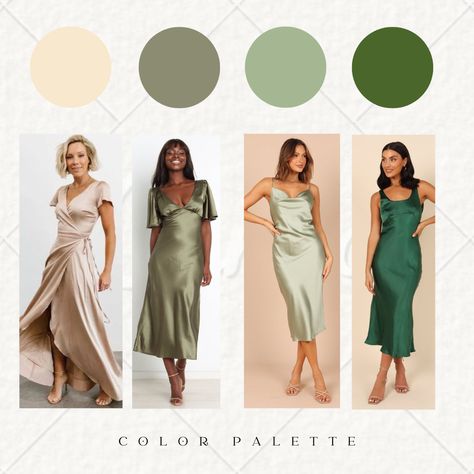 Varied Green Bridesmaid Dresses, Green Color Palette Bridesmaid Dresses, Champagne Emerald Green Wedding, Tropical Wedding Bridesmaid Dresses Color Palettes, Green Gold Bridesmaid Dresses, Tropical Green Bridesmaid Dresses, Island Wedding Color Schemes, Island Wedding Bridesmaid Dresses, Sage Green And Gold Bridesmaid Dresses