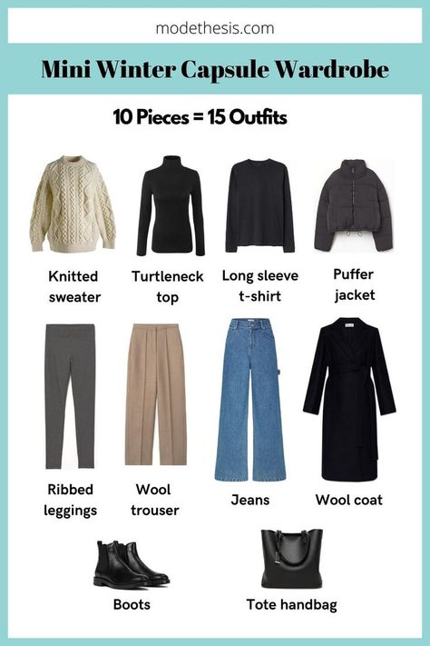 This is a mini winter capsule wardrobe suitable for travelers and minimalists! Learn how to create 15 outfit combinations from just 10 winter wardrobe essentials! 
This winter capsule wardrobe consists of 3 tops, 3 bottoms, 2 outerwear, 1 pair of footwear, and 1 bag. The color palette is black, grey and beige. Women Winter Capsule Wardrobe, Capstone Wardrobe Women, January Europe Outfits, Weekend Capsule Wardrobe Winter, Europe Outfit Winter, Fall Travel Capsule Wardrobe Europe, Australian Winter Fashion 2024, Winter Japan Outfit, Winter Outfit Capsule