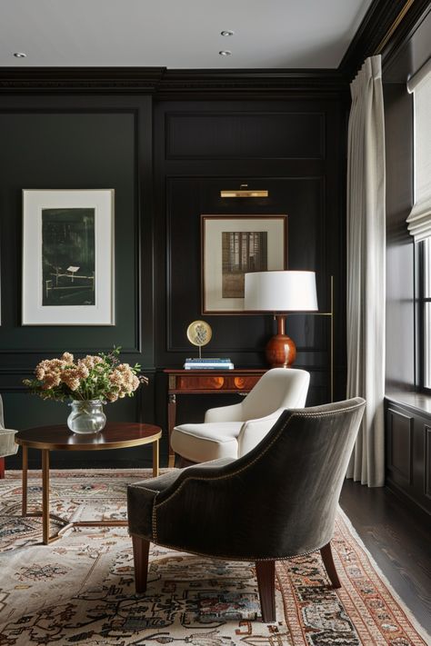 Create a moody, vintage office with these tips on the perfect antiques and decor items to use. Office Dark Wood Floor, Old Office Design, Dark Green Home Office Decor, Moody Office Inspiration Cozy, How To Mix Vintage And Modern Decor, Moody Office Accent Wall, Moody Colonial Decor, Moody Academia Office, Masculine Office Colors