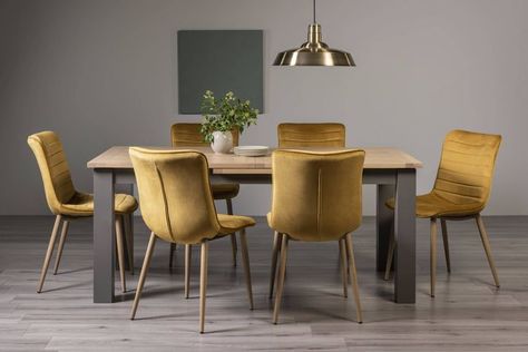 Add strong sophisticated styling to your home with the Bentley Designs Oakham Scandi Oak 6-8 Seater Dining Table with Dark Grey Legs & 6 Eriksen Mustard Velvet Chairs with Grey Rustic Oak Effect Legs. Rustic Oak Dining Table, 8 Seater Dining Table, Bentley Design, Rustic Dining Chairs, Fabric Chairs, 6 Seater Dining Table, Velvet Chairs, Dining Furniture Sets, Rustic Chair