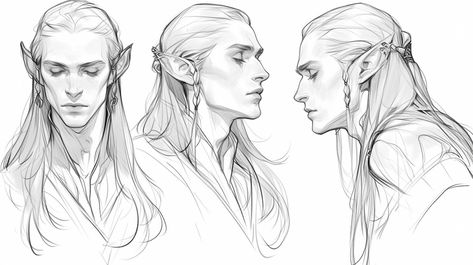 ArtStation - +320 Elf Male Sketch Reference(4k) Elf Male White Hair, Elf Ears Drawing Reference, Male Sketch Reference, Hair Sketch Male, How To Draw Male Face, Elf Drawing Sketches, Elf Reference, Elf Eyes, Elf Dnd