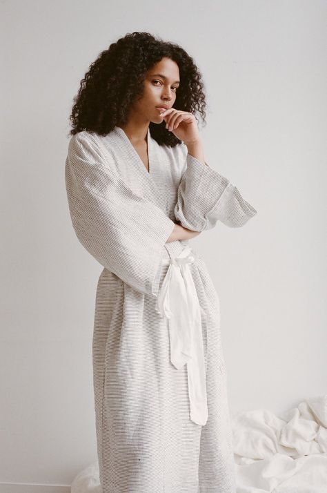 Robe for Lounging Deiji Studios, Full Length Robe, Linen Robe, Linen Loungewear, Sustainable Leather, Sleepwear Sets, French Linen, Wide Sleeves, Linen Shirt