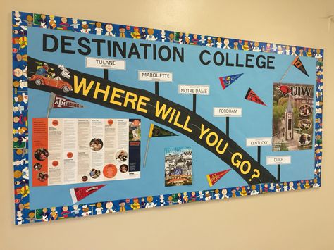 End of year guidance board- destination college week College Go Week Bulletin Boards, College Theme Bulletin Board Ideas, Senior Hallway Ideas, Senior Year Bulletin Board Ideas, High School Counseling Bulletin Boards, College Counseling Office, High School Counselors Office, Career Bulletin Boards, Avid Program