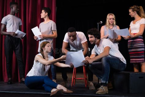 Actors reading their scripts on stage. In theatre stock photography Theatre Rehearsals, Acting Quotes, Student Images, Acting Auditions, Acting Techniques, Business Workshop, Diy Bird Bath, Acting Class, Theatre Actor