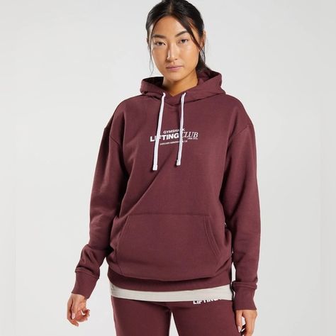 Gymshark Oversized Hoodie Collegiate Social Club Burgundy Cherry Brown Womens XS Club Branding, Gym Jacket, Cherry Brown, Collegiate Style, Join The Club, Vest Crop Top, Gymshark Women, Oversized Hoodie, Swing Tags