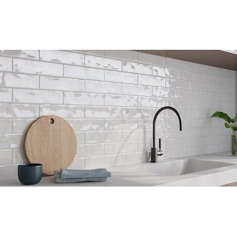 Satori Pearl White 3-in x 12-in Glossy Ceramic Wall Tile (0.24-sq. ft/ Piece) in the Tile department at Lowes.com White Backsplash Kitchen Subway Tile, Tile Backsplash For White Kitchen, White Backsplash Tile Kitchen, Shiny Subway Tile Backsplash, White Subway Tile With Gray Grout, 3x12 Subway Tile Backsplash Kitchen, Subway Tile Kitchen Backsplash Ideas, Subway Backsplash Kitchen, White Subway Tile Kitchen Backsplash