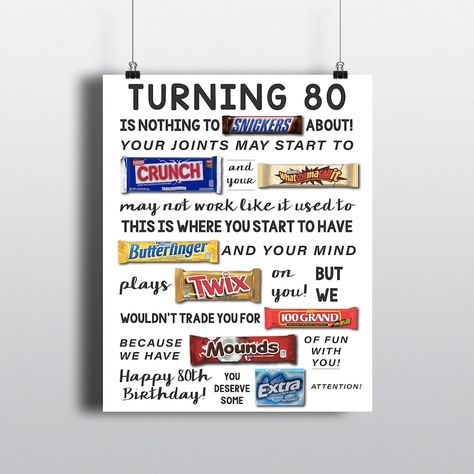 80th Birthday PRINTABLE Candy Poster Birthday Candy Sign 80th Birthday Ideas Candygram Funny Birthday Gift DIY Digital - Etsy UK Birthday Candy Poster, Candy Bar Poster, Birthday Gift Diy, Candy Card, Candy Images, Candy Board, Candy Signs, Candy Grams, Candy Poster