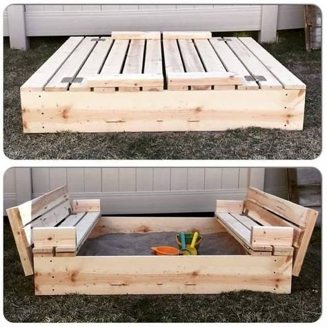 DIY Sandbox with lid and benches Wooden Pallet Projects, Diy Sandbox, Learning Tower, Carpentry Projects, Diy Cardboard Furniture, Diy Coffee Table, Repurposed Furniture Diy, Funky Painted Furniture, Diy Furniture Table