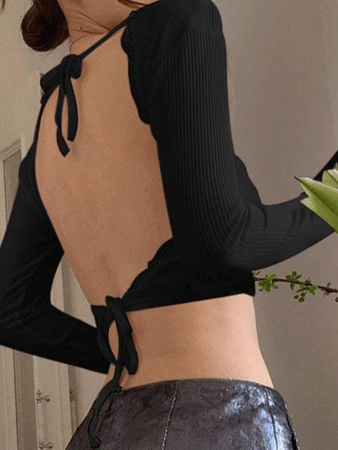 ⚡️Free Shipping Lace Up Backless Crop Knit Top Black S under $19.00 in Tops&Tees. ✓2024 Holiday Sale at Another Chill. ✓Free Shipping on all orders over US$69 Vintage Aesthetic Fashion, 2000s Outfits, Backless Top, Lightweight Tops, U Neck, Knit Crop Top, Skirts For Sale, Corset Top, Two Piece Outfit