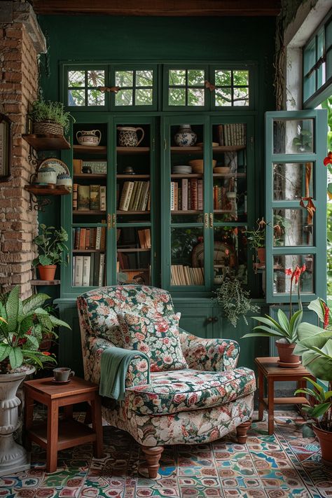 A Alluring Sunroom in the Main-Style of Wabi-Sabi with the Dominant Color Green and with Patterns and Decorations of Crown Molding Green Woodwork, Rough Hewn Wood, Minimalistic Decor, Green Color Palette, Sunroom Designs, Wabi Sabi Style, Wood And Stone, Spanish Style Homes, Green Colour Palette