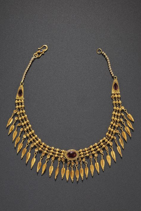 A GREEK GOLD AND GARNET STRAP-NECKLACE | HELLENISTIC PERIOD, CIRCA LATE 3RD-EARLY 2ND CENTURY B.C. | 3rd Century B.C., Ancient Art Greek Accessories Jewelry, Ancient Greek Jewelry Necklace, Greek Necklaces Ancient, Ancient Greek Necklace, Ancient Greek Accessories, Ancient Gold Jewelry, Hellenistic Jewelry, Ancient Greece Jewelry, Greek Necklaces