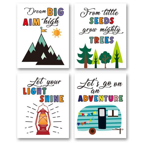 PRICES MAY VARY. 【UNFRAMED】Camper quote wall art prints - (Set of 4) - Unframed - 8x10 inch 【CAMPER WALL ART】 Trees mountain light and tent camping design make them more suitable for decoration in the boys bedroom, classroom, living room, kids bedroom, guest room, playroom,office 【HIGH QUALITY】 High definition camping quote printed on high quality canvas. They are wrapped in a great package and you can treat it as a gift. 【PERFECT GIFT IDEA】 As its adventure design, it’s great idea for baby show Canvas Quotes, Camping Classroom, Office Nursery, Quote Canvas, Adventure Design, Camping Decor, Painting Quotes, Camping Theme, Craft Projects For Kids