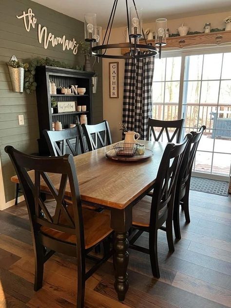 Open Kitchen Dining Room Ideas, Country Farmhouse Kitchen Table, Two Dining Rooms, Before And After Dining Room Table, Dining Room With Black Accents, Buffalo Plaid Dining Room, Dinning Room Ideas Rustic, Dining Room With Black Table, Living Room And Dining Room Combo