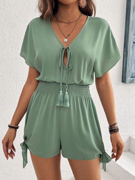 Blue Casual Collar Short Sleeve Fabric Plain Other Embellished Non-Stretch  Women Clothing Short Jumpsuit Outfit, Lace Suit, Jumpsuit Casual, Boho Summer Outfits, Bleu Azur, Casual Tie, Mode Boho, Designer Jumpsuits, African Fashion Women Clothing