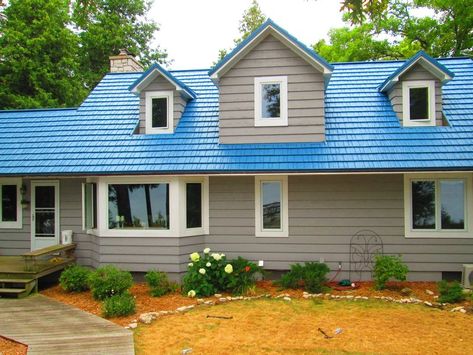 Found on Bing from americanmetalroofswi.com Houses With Blue Metal Roof, Blue Tin Roof Exterior Colors, Blue Tin Roof House, Houses With Blue Roof, House With Blue Metal Roof, Blue Roof House Colors, Blue Metal Roof Houses Color Combos, Blue Roof House Colors Exterior Paint, Blue Metal Roof Houses