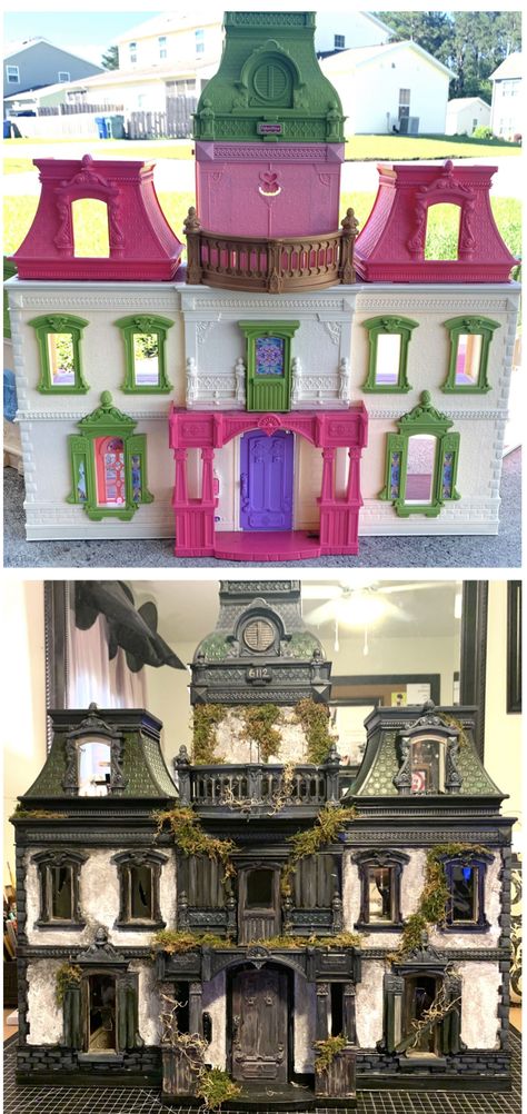 Mini Halloween Village Diy, Upcycle Dollhouse Halloween, Diy Doll House Haunted House, Haunted Dolls House Diy, Haunted Dollhouse Room Ideas, Dollhouse Turned Haunted House, Halloween Doll Houses Diy, Painted Haunted House Ideas, Diy Door Halloween Decorations