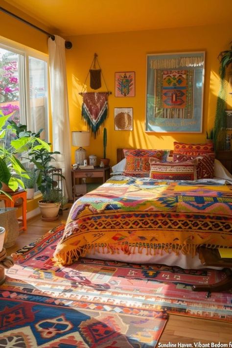 [Ad] Dive Into A World Of Vibrant Colors And Eclectic Patterns With This Bright Boho Bedroom. Infused With Sunshine Hues And Cozy Textures, ItS The Perfect Retreat For The Modern Man Seeking Warmth And Style. Explore More 62 Boho Ideas! #colorfulbohemianbedroomdecor Eclectic Spare Bedroom, Jungalow Bedroom Bohemian, Boho Bedroom Maximalist, Colourful Bedroom Inspirations, Cozy Colourful Bedroom, Colorful Boho Apartment, Colourful Room Ideas, Cozy Colorful Bedroom, Bright Boho Bedroom