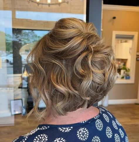 Mother of the Bride Curled Bob Half Updo Short Wedding Hair For Mother Of Bride, Wedding Hair For Grandma, Short Hair Styles Mother Of The Bride, Mother Of Bride Bob Hairstyles, Mother Of The Groom Hairdos, Mother Of The Bride Hair Down Straight, Short Hair Updo For Wedding Mother Over 50, Grandmother Of The Groom Hairstyles, Wedding Hair Styles For Mother Of The Bride