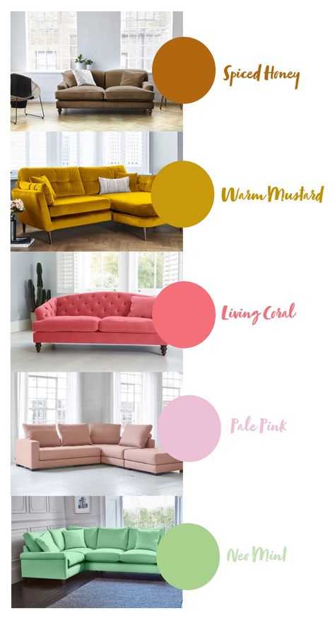 2019 interior colour trend sofa match mood board, sofas by Darlings of Chelsea to match Spiced Honey, Warm Mustard, Living Coral, Pale Pink and Neo Mint. This is a sponsored post. Trending Sofa Colors 2023, Furniture Color Trends, Couch Colors, Teen Hangout, Burgundy Living Room, Spiced Honey, Hangout Room, Colour Trend, Craftsman Interior