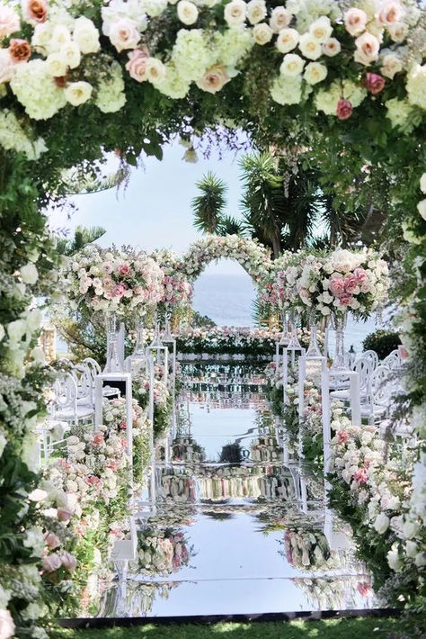 Whether you're looking for wedding arch ideas or a wedding arch alternative, this will give you all the inspiration for your big day. Mirrored Aisle, Wedding Processional, Quince Theme, Aisle Runner Wedding, Wedding Aisle Decorations, Turquoise Wedding, Aisle Runner, Malibu California, Aisle Decor