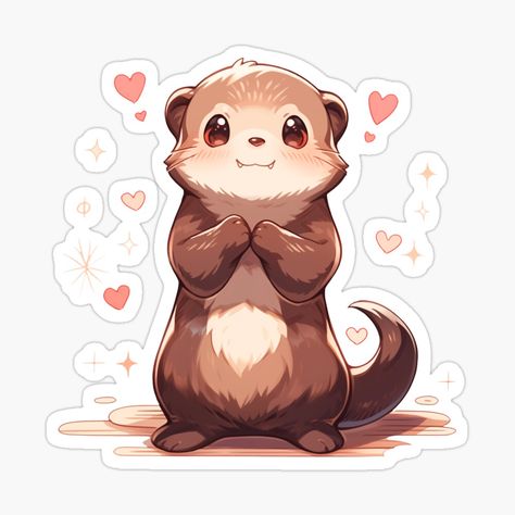 Chibi Otter, Cute Otter Drawing, In Love Artwork, Cute Otters Drawing, Kawaii Otter, Happy Otter, Otter Cartoon, Otter Cute, Otter Sticker