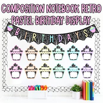 Add this composition notebook retro pastel birthday display to your retro pastel  classroom decor! This filed is editable and printed through Google Slides. What's Included:Happy Birthday Poster Happy Birthday Banner Month cards-rectangularMonth cards-cupcakes Editable one-pager to keep in teacher planner Pastel, Pastel Classroom Decor, Pastel Classroom, Birthday Bulletin, How To Stack Cakes, Retro Pastel, One Pager, Pastel Birthday, Birthday Display