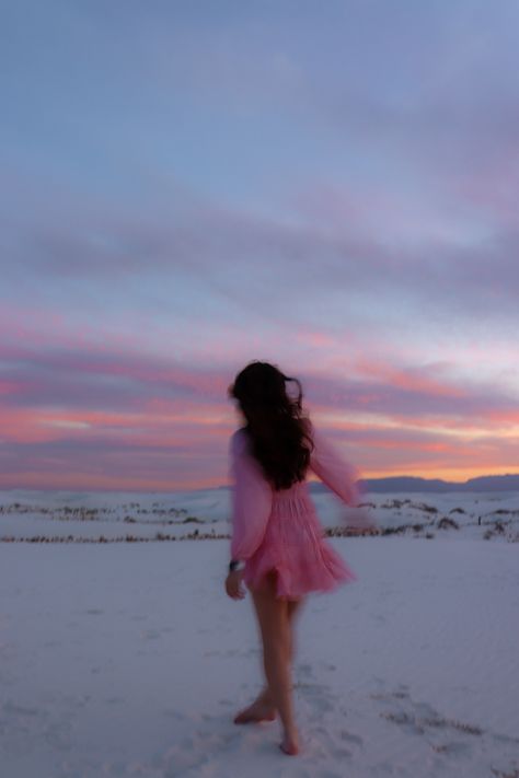 white sands national park | travel photography | sunset | photography | aesthetic | inspo | new mexico | pink dress | photoshoot Pink Beach Photoshoot, White Sands Photoshoot, Pink Dress Photoshoot, Sand Photoshoot, Candy Photoshoot, Desert Outfit, White Sands New Mexico, White Sands National Park, Mexico Fashion