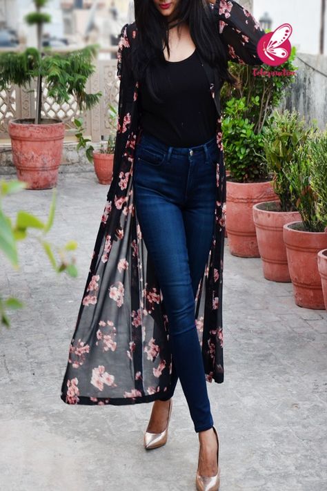 Black Printed Peach Floral Georgette Full Sleeves Long Shrug Long Shrug For Women, Shrugs With Jeans Long, Long Shrugs Outfit Jeans, Long Shrugs Outfit Indian, Long Shrugs Outfit, Black Shrug Outfit, Shrugs With Jeans, Long Shrugs, Kpop Closet