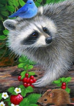 Jigsaw Puzzle | Summer's Bounty | 70 pieces | Jigidi Raccoon Images, Wildlife Drawings, Wildlife Landscape, Raccoon Art, Woodland Friends, Forest Friends, Cute Wild Animals, Happy Art, Cute Animal Drawings