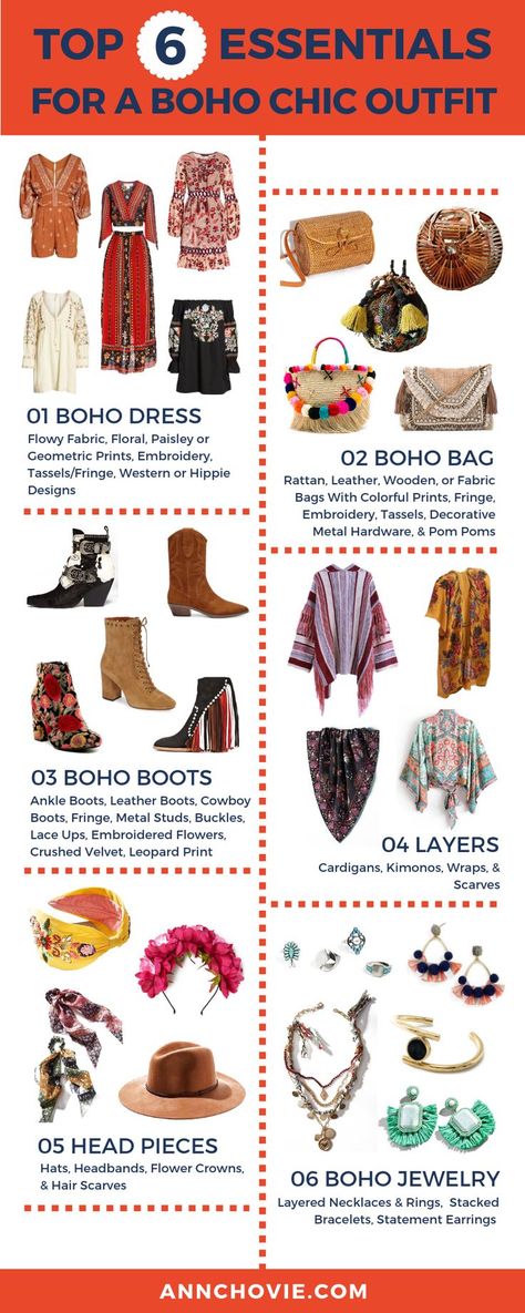 One of my favorite styles is free-spirited, Bohemian fashion. I’ve broken down the elements to rocking the boho chic look for fall to make it easy peasy. Check out the top 6 essential pieces to pulling together your boho look, with descriptions and curated picks that you can shop! | #bohostyle | #bohofashion | Bohemian Wardrobe Essentials | #falloutfits | #fallfashion | #bohodress | Hippie Style | Looks Boho Chic, Mundo Hippie, Bohemian Schick, Looks Hippie, Look Hippie Chic, Estilo Hippie Chic, Look Boho Chic, Hippie Designs, Boho Mode