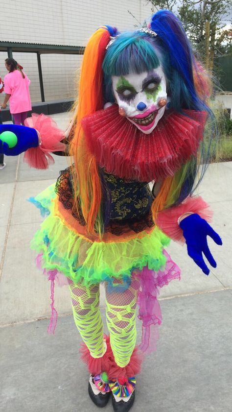 Clown Costume Best Friends, Scary Colorful Clown Makeup, Clown Costume Colorful, Cool Creepy Halloween Costumes, Spooky Clown Costume, Cute Scary Clown Costume, Art The Clown Costume Women, Colorful Clown Costumes, Neon Clown Costume