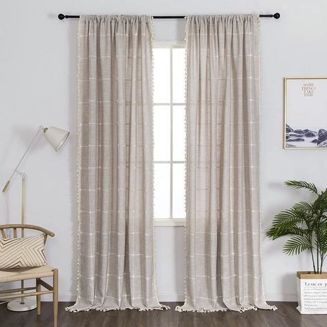 PRICES MAY VARY. Each pack contains 2 panels cloth curtains, not include other accessories. Each panel measures 54"W x 96"L. Material: Cotton Linen, good hand feel. They are cute boho style, and farmhouse look. Also, they can brighten up the rooms very nicely Rod pocket style. The curtains can block 30% sunlight. They can offer privacy adding. Easy care: machine wash SEPARATELY in cold water. Material: Cotton Linen, good hand feel. they are cute boho style, and farmhouse look. Also, they can bri Rideaux Boho, Linen Window Treatments, Cortinas Boho, Living Room Beige, Dining Room Windows, Retro Room, Tassel Curtains, Curtains For Bedroom, Window Curtain Rods