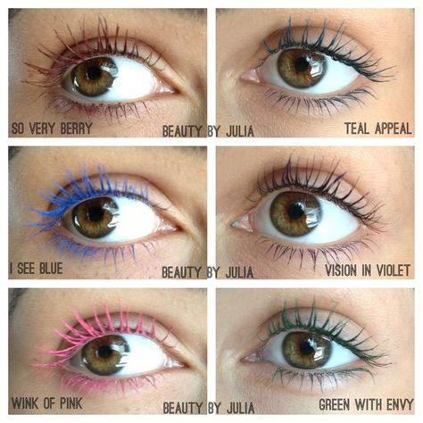 NEW Maybelline Colored Mascara.  I'm so exited to try this. Mascara For Brown Eyes, Colour Mascara, Purple Mascara, Green Mascara, Colored Mascara, Blue Mascara, Mascara Makeup, Mascara Tips, Colored Eyeliner