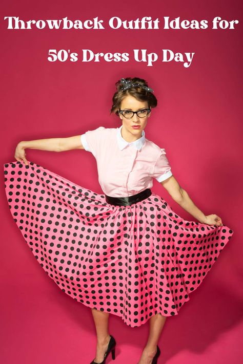 50+ Throwback Outfit Ideas for 50's Dress Up Day - momma teen 50s Outfit Ideas Women, Easy 1950s Costume, Diy 50s Outfit, 1950s Dress Up Day At School, Diy 1950s Costume Ideas, Decades Day Spirit Week 50s, 50th Day Of School Dress Up, Sock Hop Outfits For Women, 1950s Party Outfit