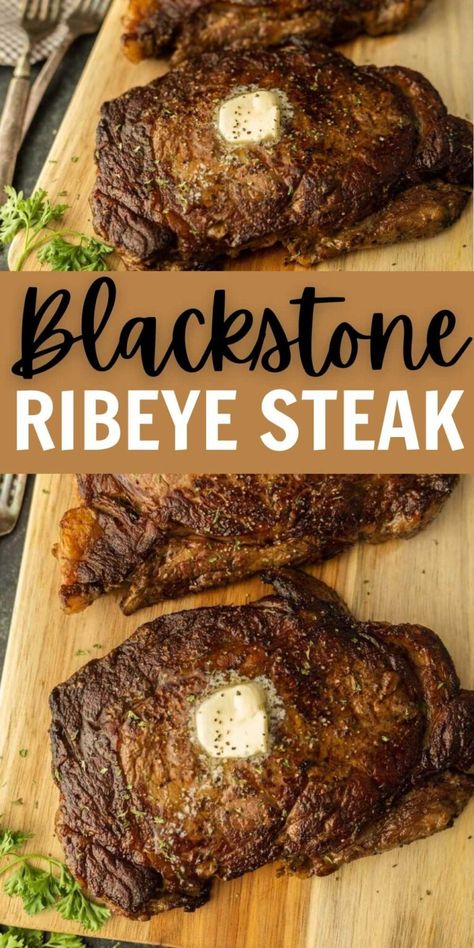 Blackstone Ribeye Steak Recipe - grillonadime.com Essen, Ribeye Steak Recipe, Outdoor Griddle Recipes, Griddle Cooking Recipes, Hibachi Recipes, Cooking Ribeye Steak, Ribeye Steak Recipes, Outdoor Cooking Recipes, Cooking Stone