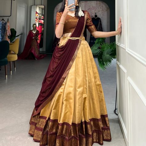 Crafted with love, adorned with heritage : The South-style Kanchipuram silk lehenga is more than just attire; it's a piece of art that encapsulates the essence of South Indian culture 🪸 ll12l Lehenga(Stitched) Lehenga Fabric : Kanchipuram Lehenga Work : Zari Weaving Work Lehenga Waist : SUPPORTED UP TO 42 Lehenga Closer : Drawstring With Zip Stitching : Stitch With Canvas Length : 41 Flair : 3.70 Meter Inner : Micro Cotton Blouse(Unstitched) Blouse fabric : Kanchipuram Blouse Work : Zari ... Kanjivaram Half Saree Lehenga, Kanchipuram Lehenga, Pattu Lehenga Half Saree, South Indian Lehenga, Half Saree Blouse, South Indian Culture, Zip Stitching, Lehenga Stitched, Silk Half Saree