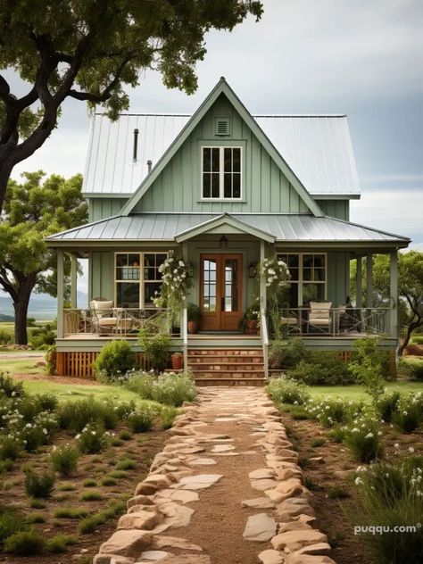 green-farmhouse-exterior- Antique Room Aesthetic, Green Farmhouse Exterior, Farmhouse Exterior Ideas, Green Farmhouse, Gabled Roof, Farmhouse Exterior Design, Vertical Siding, Exterior Design Ideas, Cottage Exterior