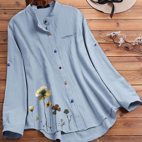 Floral White Adult Polyester Long Shirts For Women, Long Blouses, Button Shirts, Floral Long Sleeve Shirt, Long Shirts, Linen Shirts Women, Straight Clothes, Trendy Tops For Women, Sleeves Clothing