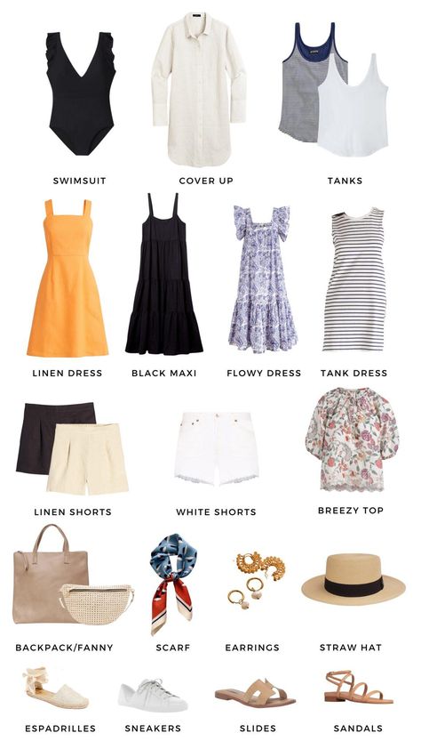 Summer in Europe carry-on capsule wardrobe Packing Summer Europe, Colorado Capsule Wardrobe, Casual Italy Outfits Summer, Packing For Portugal Summer, 10 Day Packing List Europe Summer, Dresses To Wear In Europe, European Travel Outfit Summer, Switzerland Packing List Summer, Holiday Packing Aesthetic