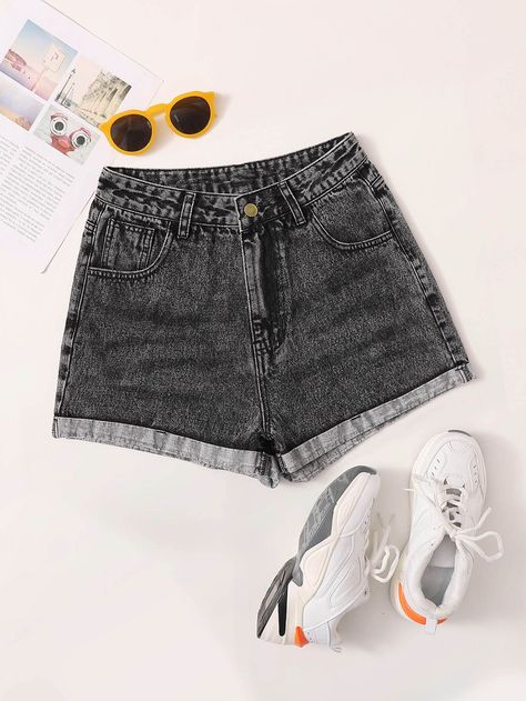 Grey    Denim Plain Straight Leg Embellished Non-Stretch  Women Denim Cuffed Denim Shorts, High Rise Denim Shorts, Denim Shorts Women, Short En Jean, High Rise Denim, Black Denim Shorts, Denim Fabric, Denim Women, Boho Shorts