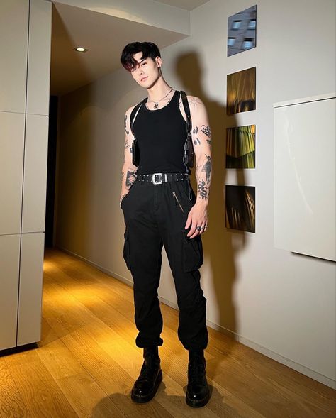 Cargo Pants Boots Outfit Men, Cosplay Characters Men Anime, Male Night Club Outfits, Tanktop Mens Fashion, Mens Asian Fashion Streetwear, Anime Streetwear Outfit Men, Leather Goth Outfit Men, Thirst Trap Outfits Male, Men’s Techno Outfit