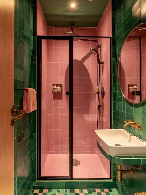 40+ Colorful Bathrooms That Will Spruce Up Your Home 22 Small Colorful Bathroom, Pink Bathroom Ideas, Pink Tile Bathroom, Huge Bathtub, Colorful Bathrooms, Big Bathtub, Bathroom Remodel Inspiration, Hot Pink Walls, Big Shower