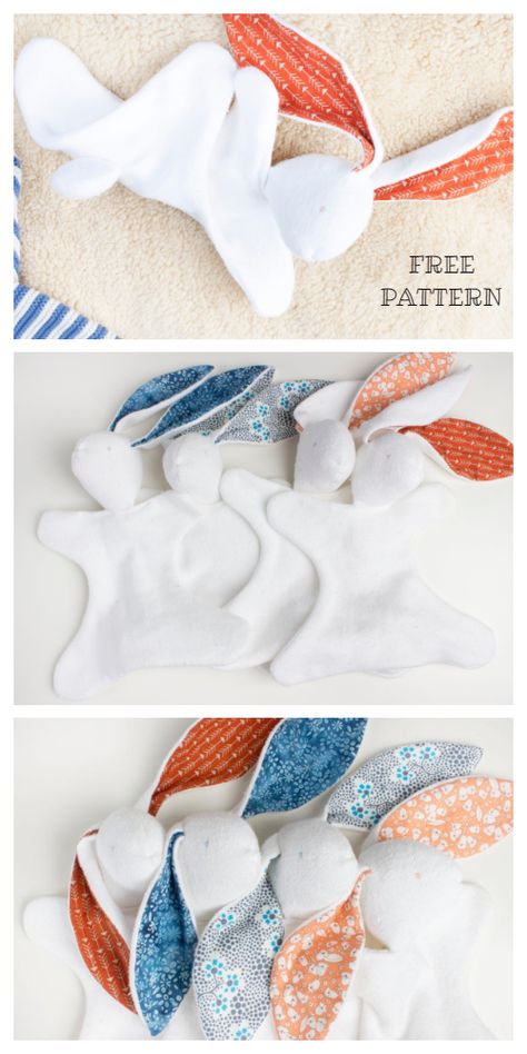 DIY Fabric Bunny Lovey Free Sewing Patterns | Fabric Art DIY Sewing Patterns Baby, Lovey Sewing Pattern, Baby Bunny Toy, Fabric Bunny, Bunny Lovey, Sewing Machine Projects, Patterns Fabric, Snuggle Blanket, Free Sewing Patterns