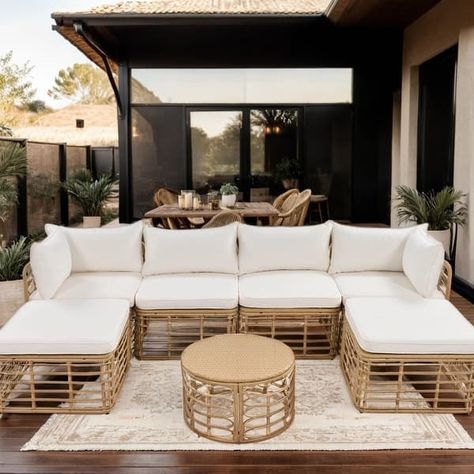 7 Pieces Outdoor Patio Furniture, All-Weather Rattan Sectional Sofa Set With Thick Cushions And Pillows - Bed Bath & Beyond - 40527227 Outdoor Sofas Ideas, Cabo Inspired Backyard, Long Patio Furniture Layout, Boho Backyard Decor, Back Porch Furniture Ideas, Outdoor Patio Sets Furniture, Boho Chic Patio, Mediterranean Outdoor Furniture, Deck Furniture Ideas