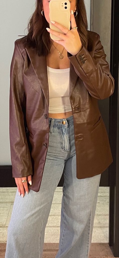 Fall Brown Leather Jacket Outfit, Fall Leather Blazer Outfit, Brown Leather Jacket Outfit Plus Size, Outfits With Brown Leather Blazer, Brown Leather Blouse Outfit, Longer Leather Jacket Outfit, Dark Brown Leather Blazer Outfit, Leather Brown Blazer Outfit, Brown Leather Jacket Outfit Fall