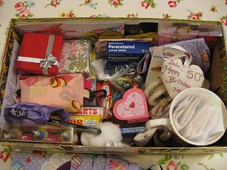 Crafty Conundrum: 50 Small Things for a Special Friends Birthday Special Friends, 50 Birthday Gift Baskets, 50th Birthday Gifts Diy, Birthday Box Ideas, Birthday Survival Kit, 50th Birthday Balloons, 50th Birthday Presents, 50th Bday, Birthday Gift Baskets