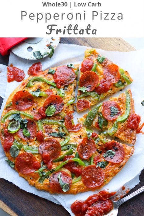 Pepperoni Pizza Frittata (Whole30, Low Carb): Pizza for breakfast?! Sign me up! This Pepperoni Pizza Frittata is Whole30, Gluten Free AND Low Carb/Keto. It comes together in less than 20 minutes total, making this recipe awesome for busy weekdays. And it’s not just for breakfast — we love to have this meal for lunch and dinner, too! Eggs And Pepperoni Breakfast, Pizza Frittata Recipes, Turkey Pepperoni Recipes, Pepperoni Breakfast, Whole 30 Pizza, Whole30 Pizza, Easy Breakfast Pizza, Pizza Frittata, Pizza For Breakfast