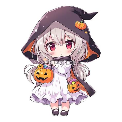 Halloween Kawaii Art, Halloween Kawaii Drawings, Witch Chibi, Halloween Cartoon Characters, Chibi Witch, Manga Halloween, Black Hooded Cape, Halloween Chibi, Cute Jack O Lantern