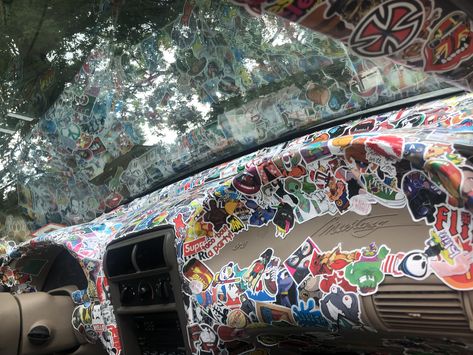Sticker bomb car sticker bomb mustang 2004 V6 Stickers On Car Aesthetic, Car Covered In Stickers, Stickers In Car Interior, Stickers On Dashboard Car, Car Stickers Aesthetic, Coquette Diy, Goth Car, Car Sticker Ideas, Car Interior Diy